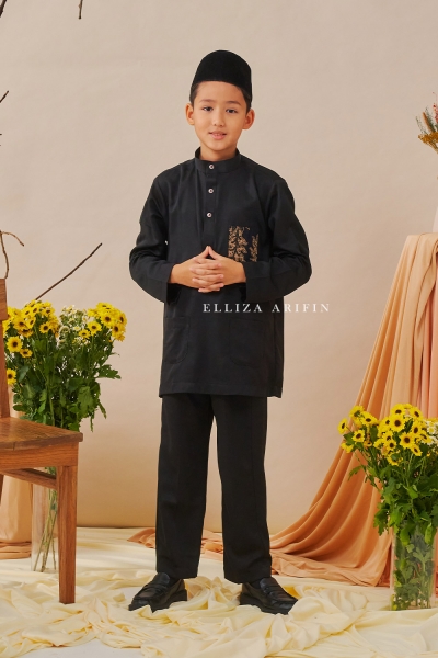 Baju Melayu Batik Kids in Jet Black
